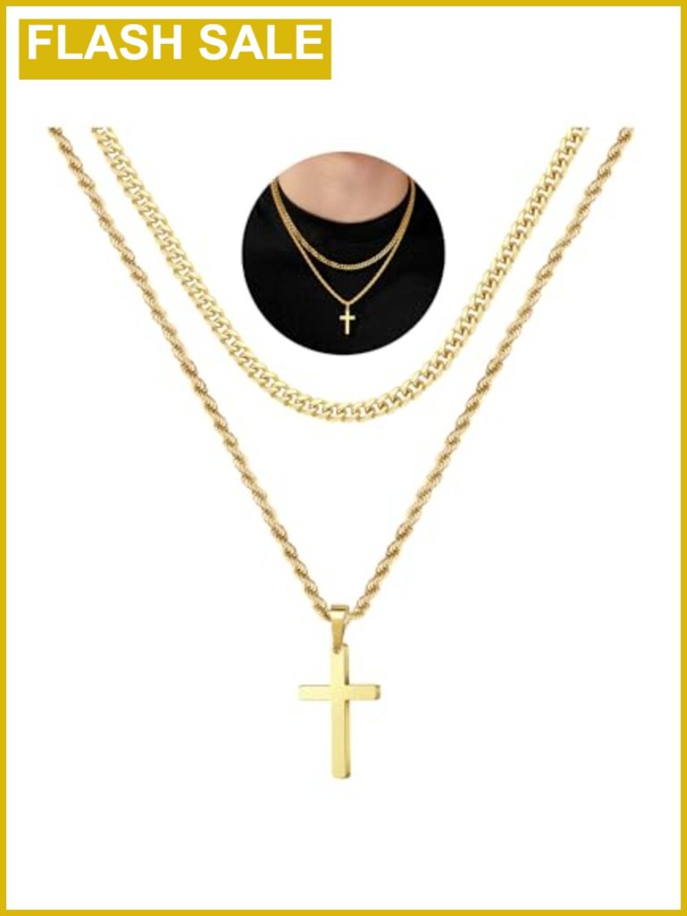 Mens Cross Necklace Stainless Steel Pendant 20in 22in Layered